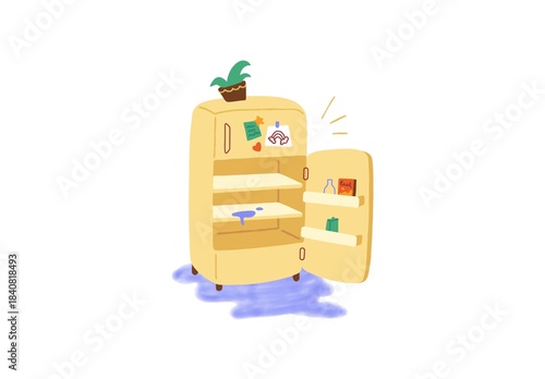 Cute flat illustration of an open yellow refrigerator with food inside, water on the floor and magnets on the door. Funny cartoon kitchen scene showing a broken fridge and home appliance problem.