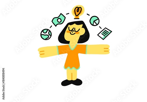 Colorful flat illustration of a happy woman with a light bulb above her head and business icons around her — globe, money, charts and documents. Concept of creative thinking, planning and multitasking