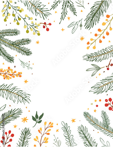 Set of vintage doodle hand drawn Xmas borders with branches Christmas tree, whimiscal lines, decorative patterns, mistletoe, lights garland. Trendy holiday frames for poster, card, invitation. 