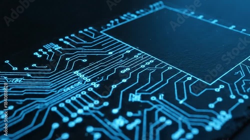 Abstract blue circuit board with glowing lines and components