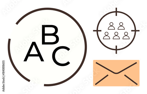 Bold text ABC inside a circle, a group of users within crosshairs, and an envelope icon. Ideal for marketing, education, communication, engagement, personalization email campaigns outreach. Simple