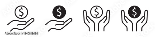 Money in hand icons set. Dollar coin with hand symbols in line and solid styles. Financial support, donation, savings and payment concept collection in clean minimal design - stock vector
