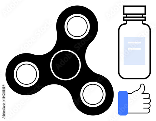 Fidget spinner concept. Black fidget spinner with medicine bottle and thumbs-up hand gesture. Fidget spinner for stress relief, focus enhancement, and relaxation. stress management, focus