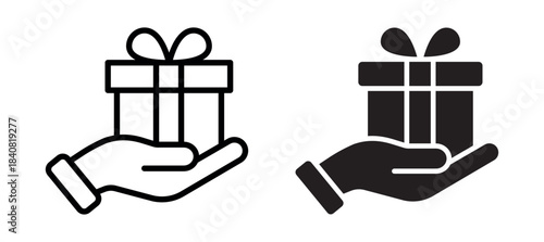 Gift in hand icons set. Present box on hand symbols in line and solid styles. Holiday giving, donation and surprise gift concept collection in clean minimal design - stock vector