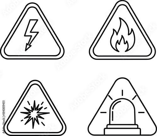Set of four triangular safety warning icons representing electrical hazard, fire danger, explosion risk, and general emergency or alarm in a minimal black line art style.