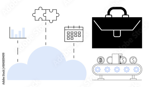 Cloud computing, workflow automation, productivity tools, financial management, business planning, data analytics. Diagram with cloud, puzzle pieces calendar briefcase and money icons. Cloud