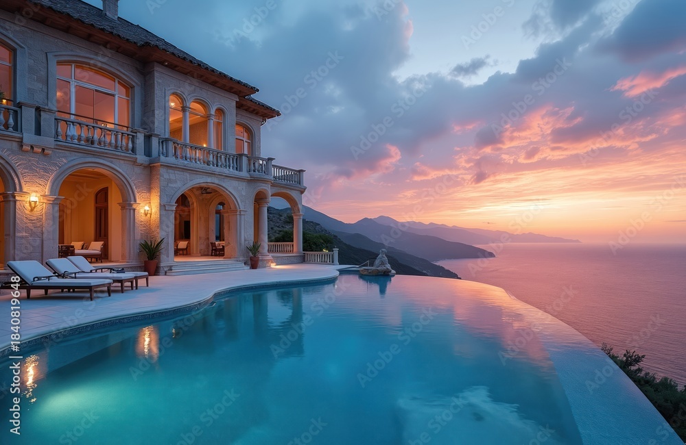 Fototapeta premium Luxury stone villa with infinity pool overlooks serene sea at sunset. Modern architecture meets natural landscape. Calm water reflects pink and blue sky colors. Scenic mountains fade into horizon.