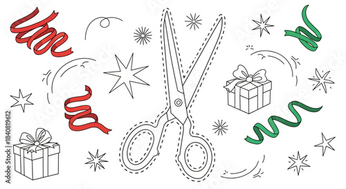 Festive Crafting Scene with Scissors, Gifts, and Ribbons.