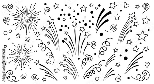 Festive fireworks and celebratory elements in a doodle style.