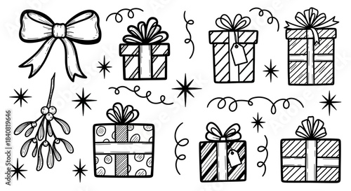 Festive Holiday Gift Collection - Hand-Drawn Christmas Presents and Decorations.