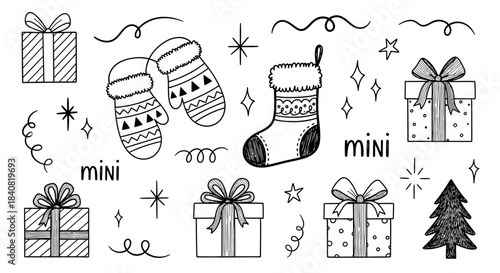 Hand drawn Christmas doodle collection with gifts and stocking.