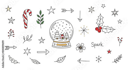 Hand drawn Christmas doodle collection with snow globe and candy cane.