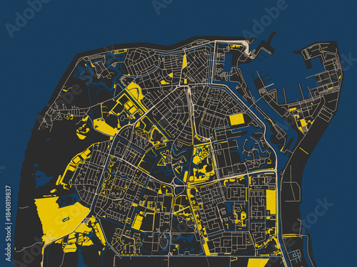 Tableau sur toile Minimalist map of Den Helder, Netherlands, dark map with yellow accents