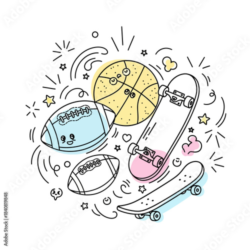 Hand drawn doodle style illustration of various sports equipment.