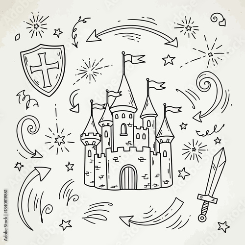 Hand drawn doodle style medieval castle with flags and turrets.