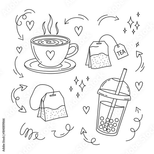 Hand drawn doodle set of tea cups and bubble tea.