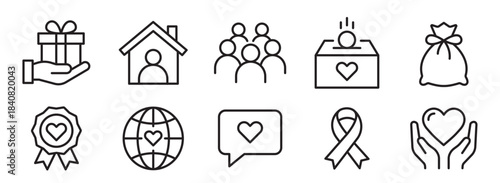 Charity icons set. Donation, community support and volunteer symbols in clean line style. Help, care, giving and humanitarian aid collection for social projects and nonprofit design - stock vector