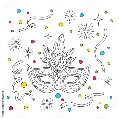 Ornate Carnival Mask with Feathers and Confetti Outline Drawing.