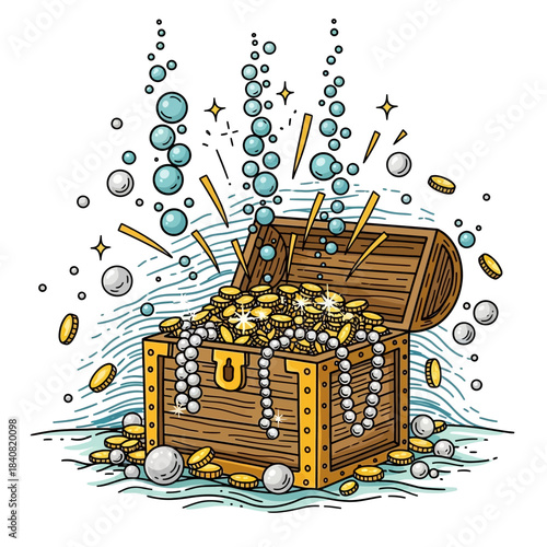 Open Treasure Chest Overflowing with Gold Coins and Pearls Underwater.
