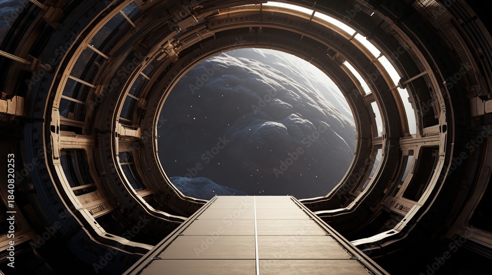 Obraz premium A futuristic sci-fi spaceship corridor with a large circular window overlooking a cloudy planet