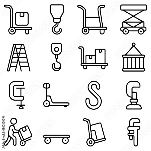 Warehouse Icons: A comprehensive array of meticulously crafted line icons representing the tools of trade within a bustling warehouse environment, from hand trucks to cargo lifts.