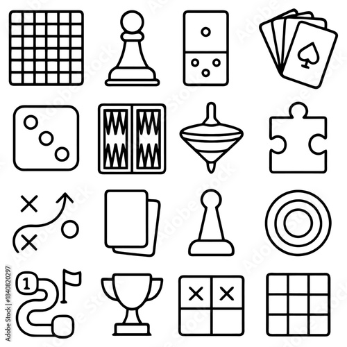Diverse Array of Board Game Components: A detailed assortment of classic board game elements, arranged in a grid for a clean, graphic appeal, ready to enhance creative projects.