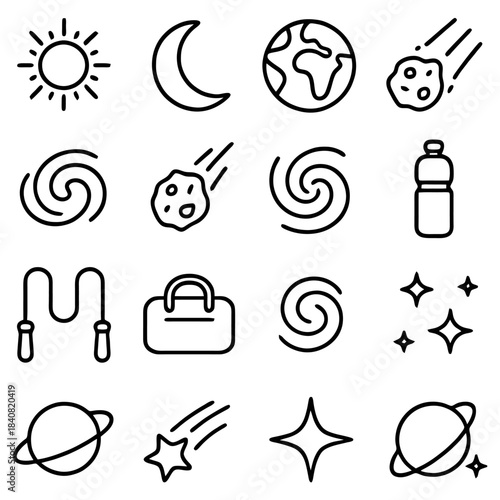 Celestial and Fitness Icons: A captivating assortment of line art icons encompassing celestial bodies and fitness essentials, ready for your creative projects. 