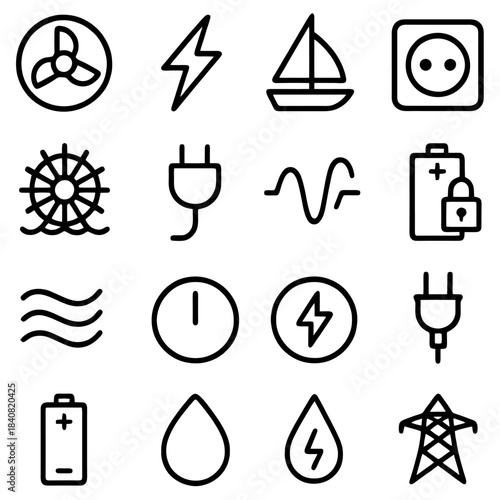 Energy Icons: A collection of sleek, minimalist icons symbolizing various facets of energy, power, and related concepts. 