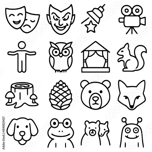 Iconic Entertainment: An intricate array of illustrated icons depicting symbols of performance, from classic drama to captivating film elements, plus variety animals.