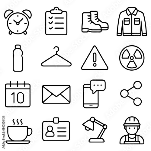 Essential Icons: A diverse collection of minimalist icons represent concepts, covering time management, work, and essential elements.