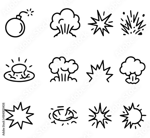 Explosive Imagery: A collection of various icons depicting explosions, from initial blasts to the mushroom cloud, creating a dynamic visual narrative.