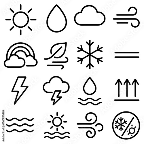 Weather Icon Collection: Minimalist icons depicting diverse weather conditions, perfect for illustrating forecasts and environmental concepts. A versatile set suitable for various applications.