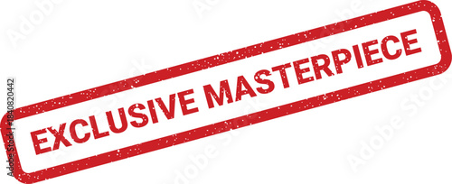 Grungy rectangular rubber stamp displaying the phrase exclusive masterpiece, ideal for high quality content promotion