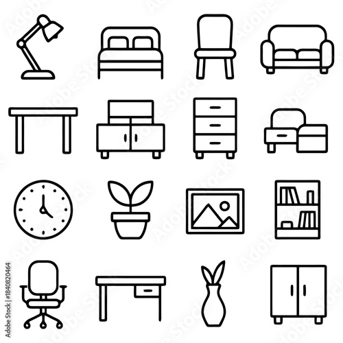 Decor Items Line-Up: A visually pleasing collection of various home decor items in a minimalistic black and white linear style, suitable for interior design and home decoration purposes. 