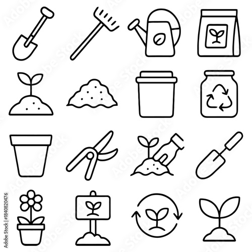 Garden Tools Illustration: A collection of various garden tools and elements are illustrated against an uncluttered backdrop, perfect for design and instructional purposes.