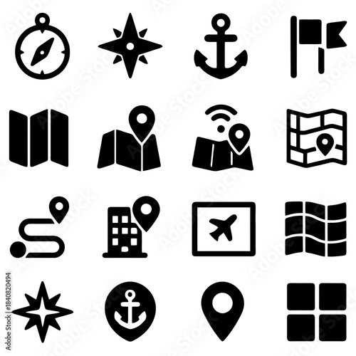 Navigational Icon Set: A comprehensive collection of navigational icons in a sleek black and white design, perfect for illustrating concepts of direction, travel, and exploration. 