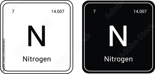 Nitrogen element symbol 'N' on a white and black background periodic table tile showing atomic number seven and atomic weight $14.007$ minimal graphic representation.