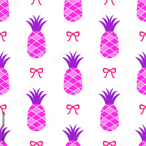 Seamless summer tropical pineapple pattern whith bows on white background. Vector background for fabric, print, parer, wallpaper, cover 