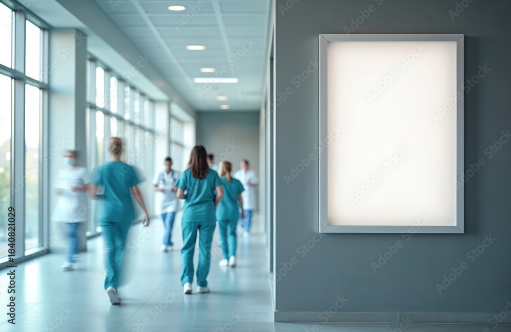 Fototapeta premium Medical staff walk in hospital corridor past empty poster frame near large window. Busy healthcare workers move along bright hallway, blurred figures busy with work.