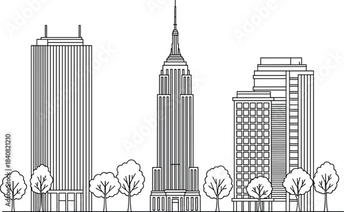 City skyline illustration with modern skyscrapers, tall buildings and trees in clean line art style for urban architecture design projects