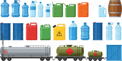 Collection of containers and tanks including plastic bottles, barrels, jerrycans, wooden cask, and fuel tanker train for storage, transport, and industrial use