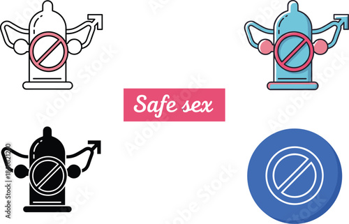 Set of stylized vector icons illustrating safe sex practices and contraception, featuring a condom with a prohibition symbol