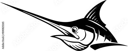 Black and white illustration of a marlin fish head with its mouth open