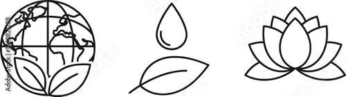 Set of three simple black outline icons representing ecology and wellness: a globe circled by leaves, a water drop on a leaf for conservation,