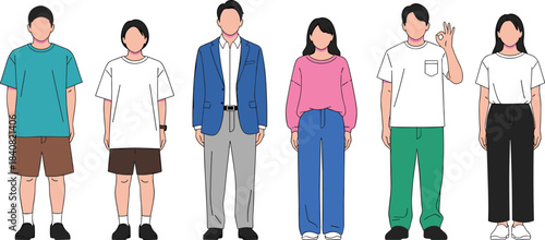 Fashion diversity illustration, casual and semi-formal outfits, character design, modern clothing styles, standing poses, demographic representation, vector people art