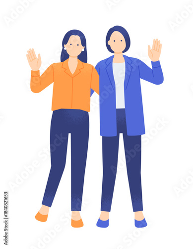 求人・歓迎・採用に使える。明るく手を振るオフィスカジュアルの女性2人。イラスト素材。