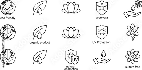 Aesthetic Collection of Natural Cosmetic and Eco-Friendly Outline Icons Representing Organic Products, Aloe Vera,