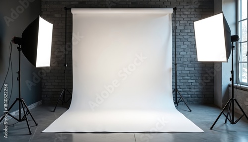 Photo studio setup with blank white backdrop and professional softbox lighting equipment on tripods. Ready for creative photo shoot with no people. Indoor scene.