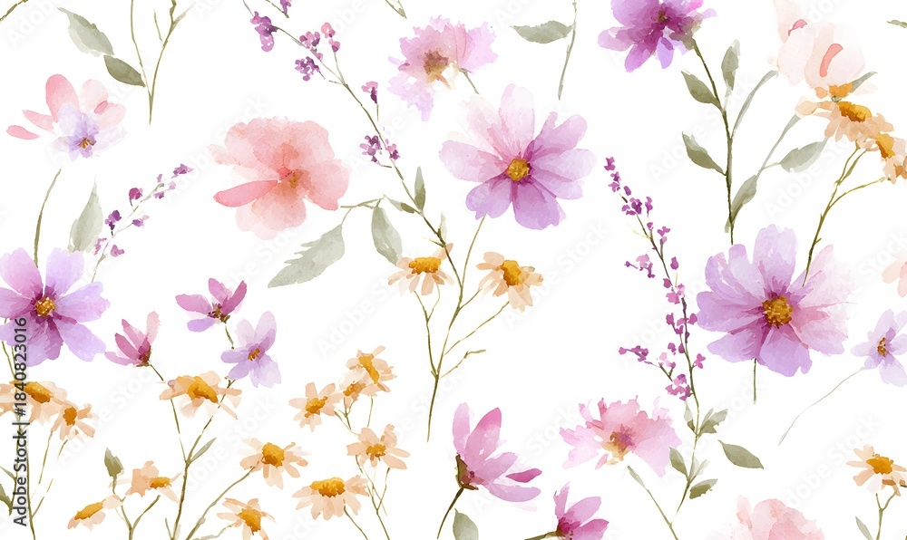 Obraz premium a delicate watercolor pattern of pastel-colored wildflowers, including roses and daisies, arranged in an elegant layout on white paper