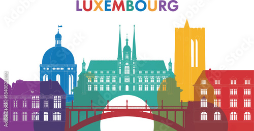 Vibrant Colorful Luxembourg City Skyline Illustration with Iconic Architectural Silhouettes and a Dynamic European Urban Landscape